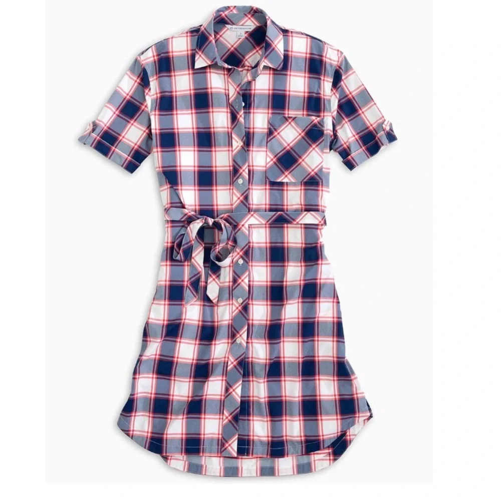 White & Navy Plaid Franca Shirt Dress - Picture 3 of 5